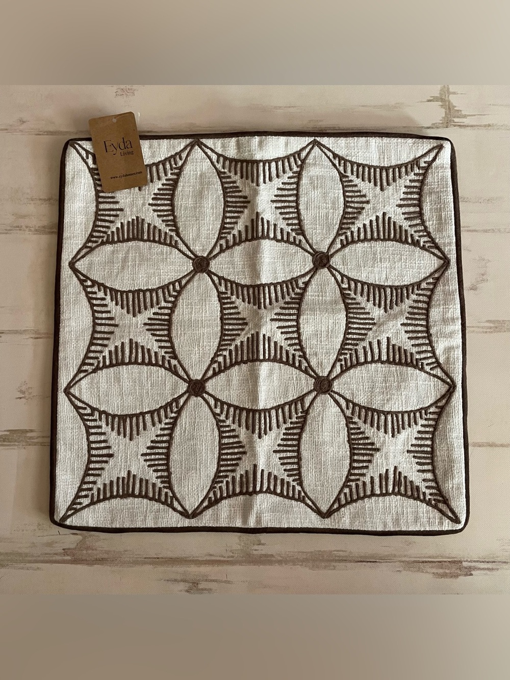 Eyda Living Embroidered Cream and Brown Geometric Accent Pillow Cover 20 x 20